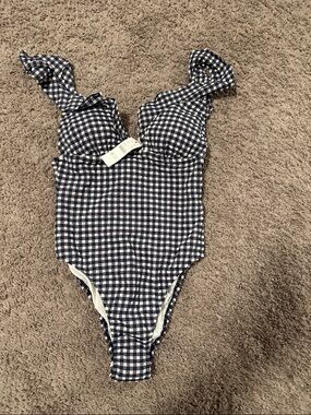 J. Crew Navy and White Gingham One-Piece Swimsuit with Ruffle Straps